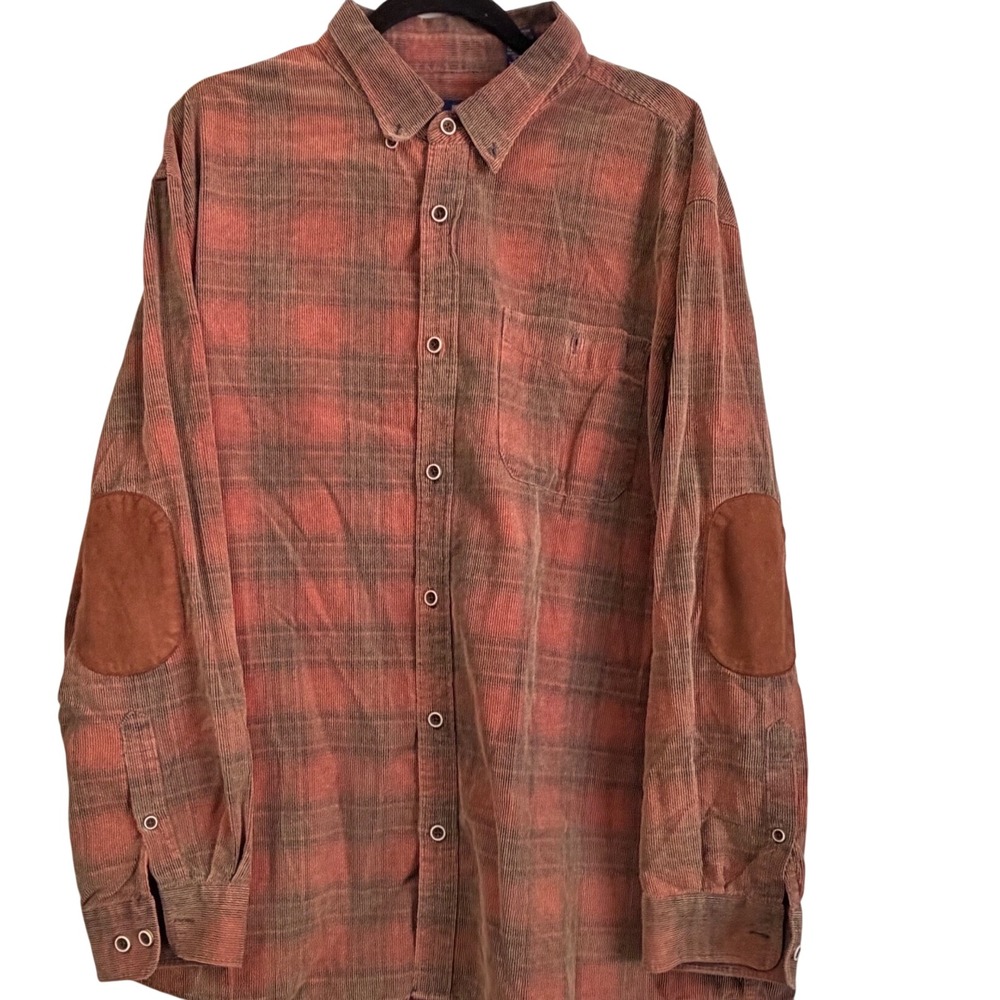 Beau Brummel Mens XXL Red Plaid Corduroy Button Down Shirt Elbow Patches Cotton